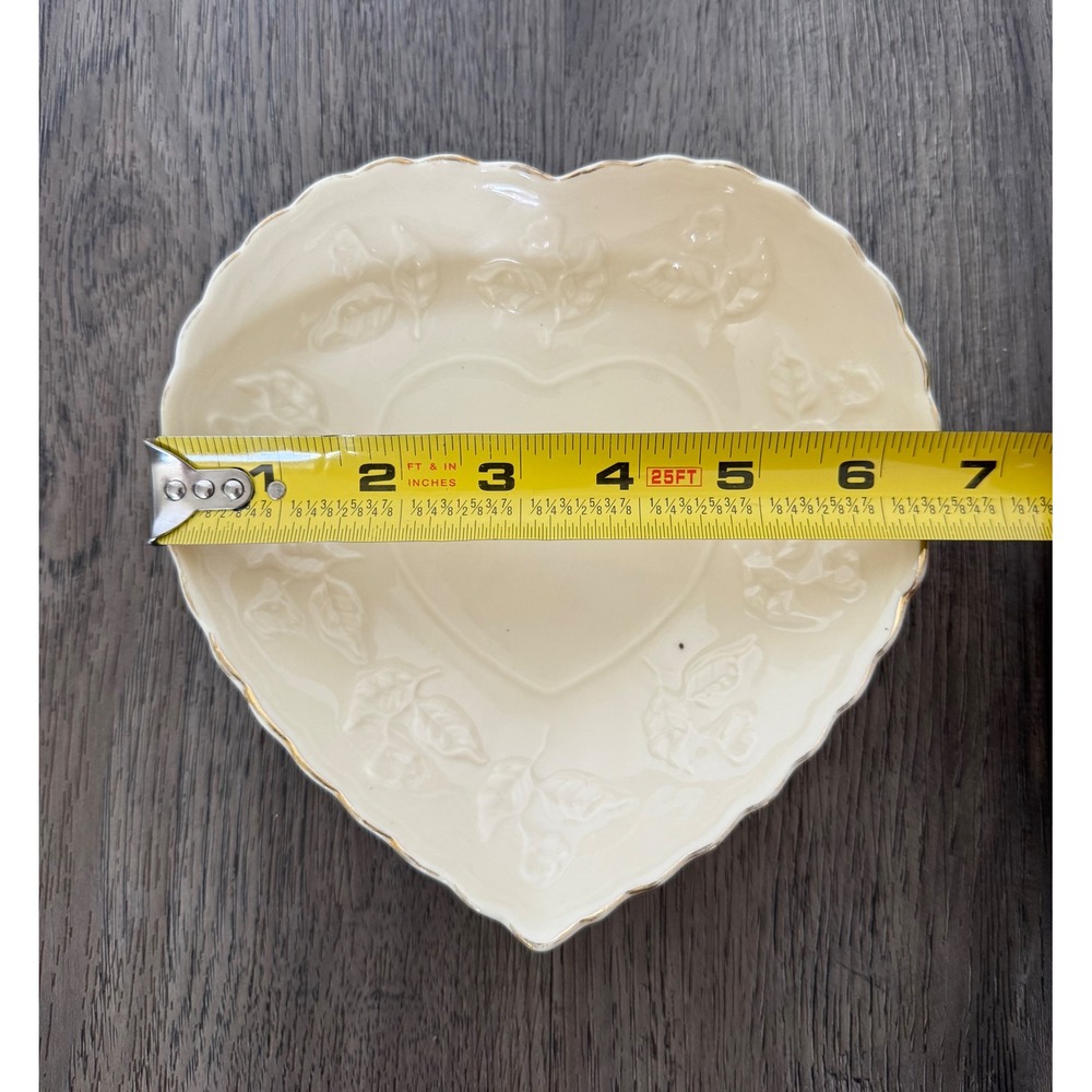 Cream Heart-Shaped Trinket Dish Embossed Roses Gold Trim Romantic Cottage Decor - Picture 7 of 10